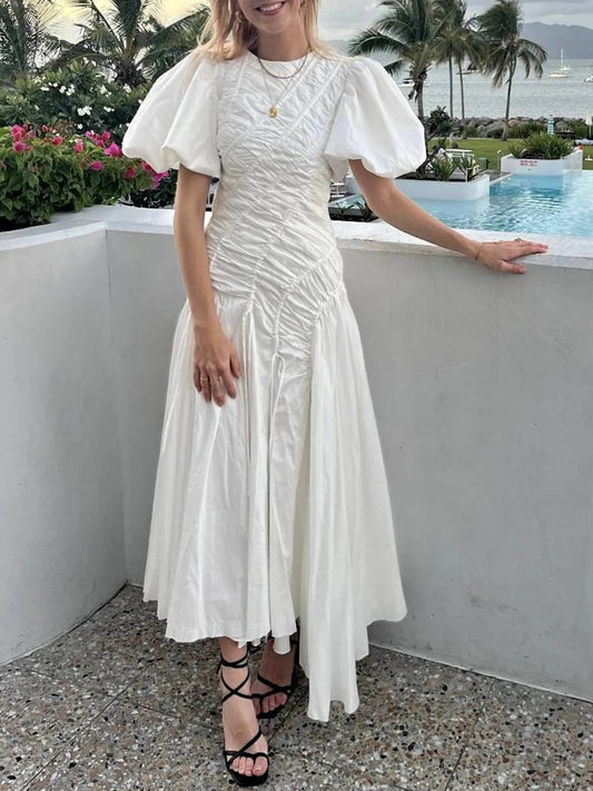 Solid Spliced Drawstring Folds Designer Maxi Dress for Women O Neck Puff Sleeve High Waist Elegant Party Dresses Female New