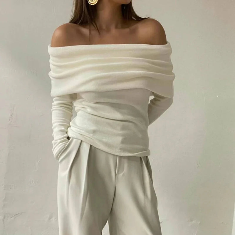 Solid Casual Pullover Sweaters For Women Slash Neck Long Sleeve Slimming Temperament Sweater Female Fashion Style
