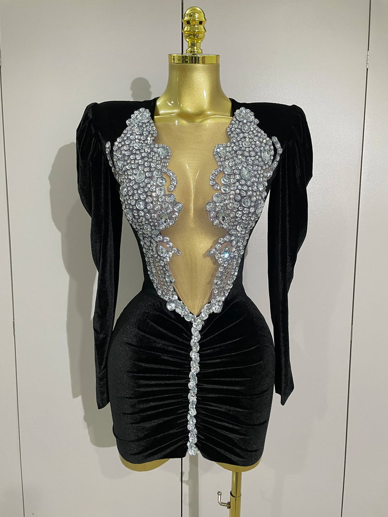 Sparkly Crystals Sexy Mesh Black Velvet Short Dress Women Elegant Evening Prom Luxury Birthday Party Dresses Stage Costume