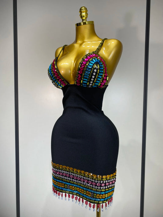 Sparkly Colorful Diamonds V Neck Black Bodycon Bandage Dress 2025 Celebrity Elegant Evening Club Party Luxury Birthday Dresses