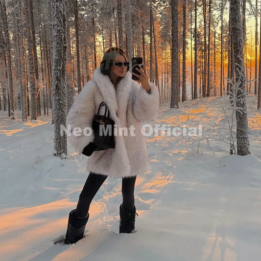 Trendy 2026 Winter Massive Faux Raccoon Fur Coats Women Luxury Fluffy Shawl Collar Fur Jacket Mountain Fashion Overcoat
