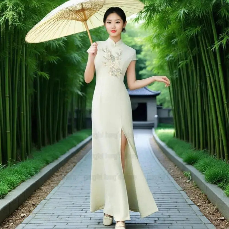 Sexy Cheongsam Improved Modern Chinese Style Cheongsam Team Show Costume Sexy Slit Vestidos Dress Plus Size 3Xl4Xl 5Xl Qipao