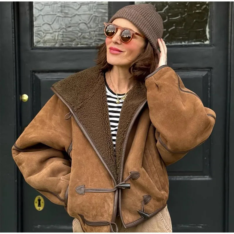 Brown Suede Shearling Lined Hooded Cropped Jacket Women's Bomber Coat Warm Winter Outerwear Fashion High Street Lady Outfit