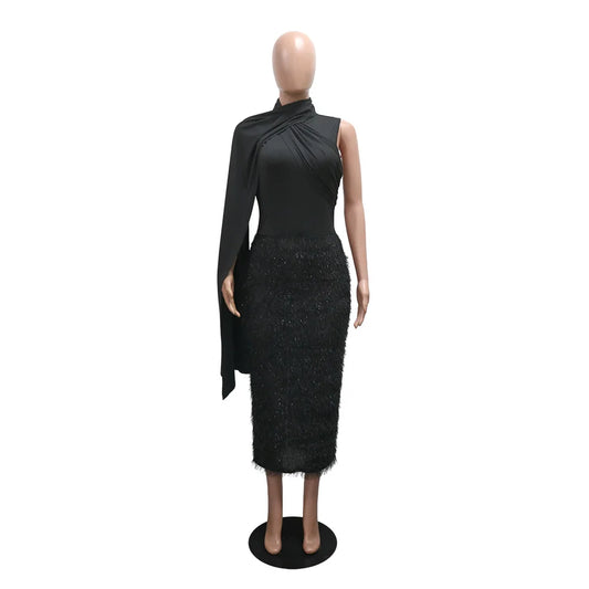 Women Black Feathers Fur Patchwork Bodycon Long Dress Sexy Irregular Flying Sleeveless Elegant Birthday Evening Party Gown