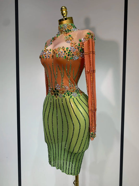 Luxury Birthday Dress Women Sparkly Diamond Short Dress Sexy Mesh See Through Celebrate Evening Party Singer Performance Costume
