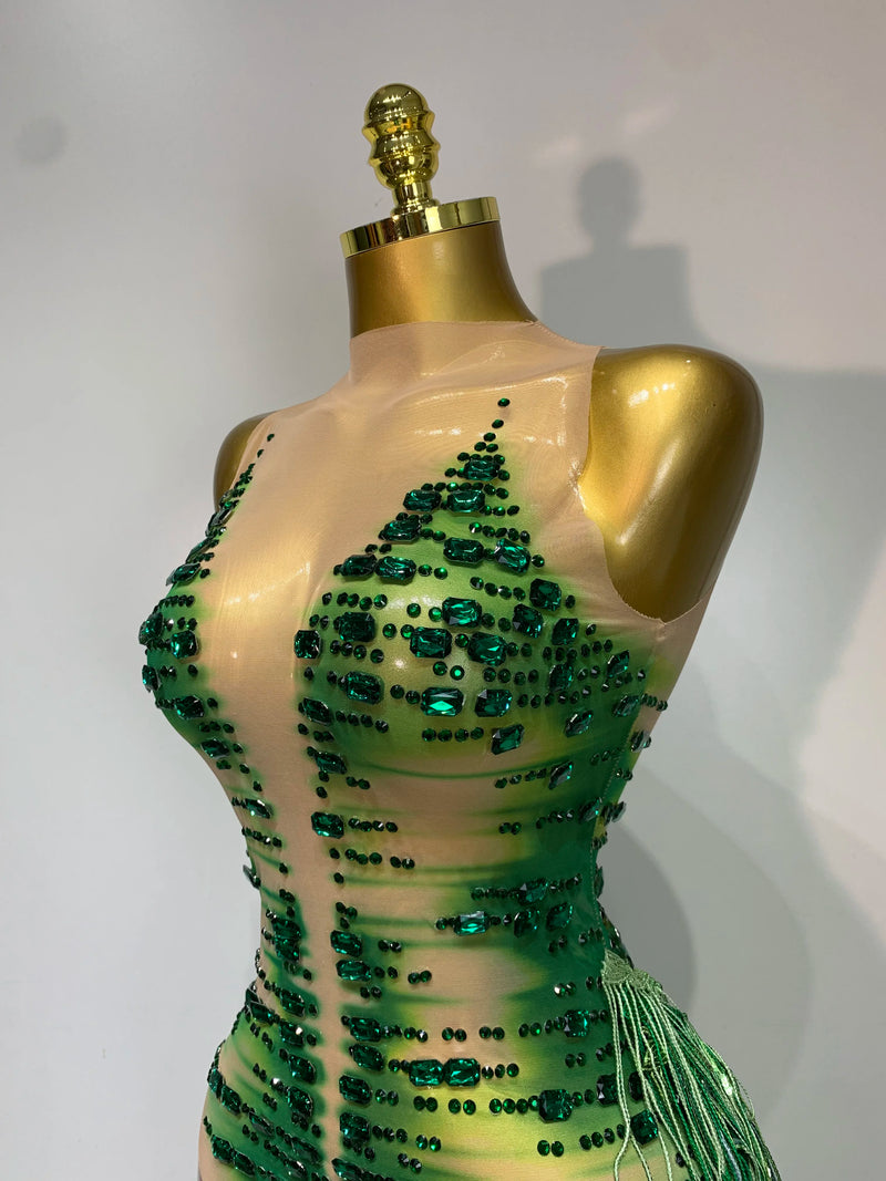 Green Sparkly Rhinestone Tassels Women Sexy Mesh Bodysuit Eveing Party Birthday Latin Dancer Nightclub Performance Stage Costume