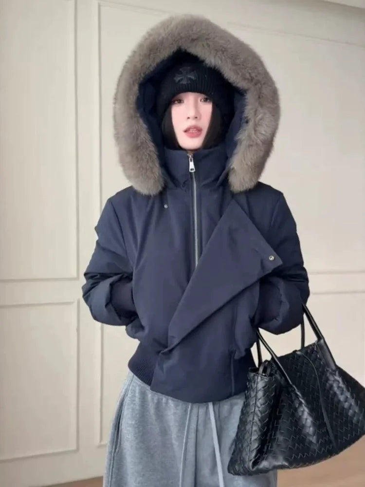 Fashion Faux Fur Trim Hooded Cotton Coat Women Asymmetric Zip Long Sleeve Puffer Jacket Female Winter Daily Warm Outfits 2026