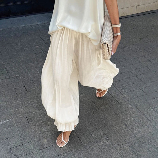 Fashion Ruched Long Trousers Women's Elastic Waist Elegance Solid Leisure Trousers 2025 Autumn Commuting Clothing Female