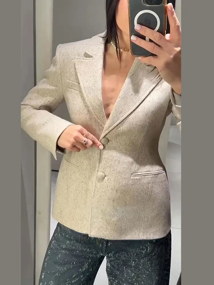 Women's Beige Tweed Blazer Jackets Fashion Lapel Long Sleeve Single Breasted Slim Coats Lady 2026 Spring Chic Office Outerwear