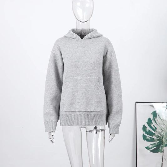 Women Fashion Solid Knitted Hooded Top O-neck Casual Full Sleeve Loose Pullover Female Spring New Chic Casual Street Outfit