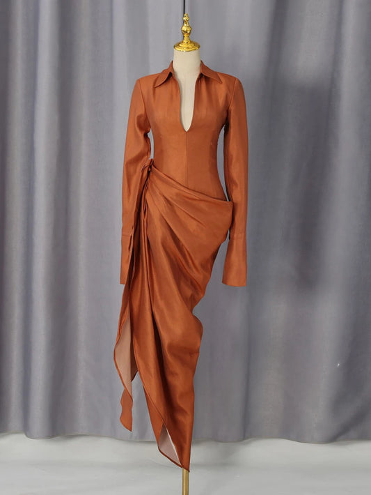 Vintage Solid Shirt Dress Women Turn Down Collar Flared Sleeve High Waist Asymmetry Dress Fashion Resort Travel Dress