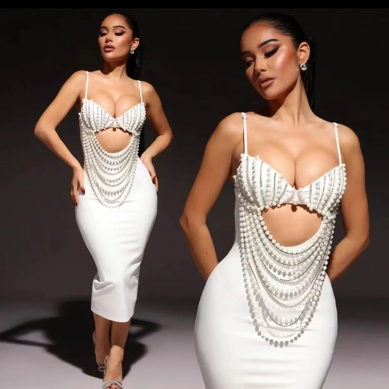 Gorgeous Pearl Glam Hollow Suspender Dress Elegant Temperament Bandage Evening Dress Performance Wear Cocktail Party Formal Gown