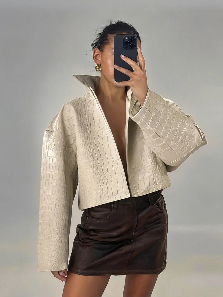 Casual Solid Pu Crocodile Grain Jacket Women Fashion Full Sleeve Stand Collar Loose Female Outwear 2026 Autumn Lady Coats Chic