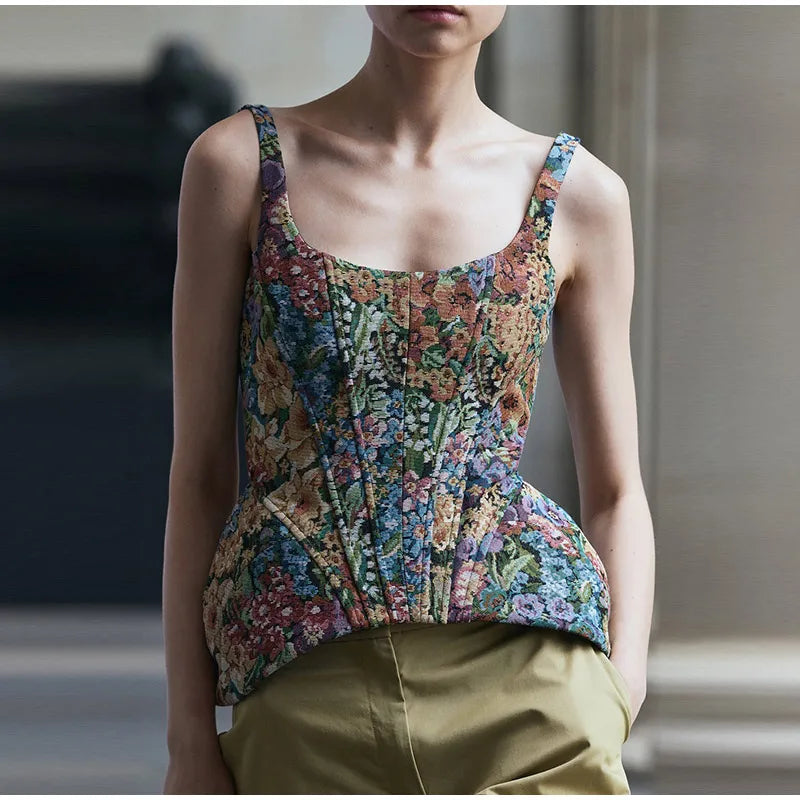 Chic Print Flower Slim Top Women Sleeveless Slash Neck Sling Backless Zipper Vest Female 2026 Fashion Summer Autumn Lady Tops