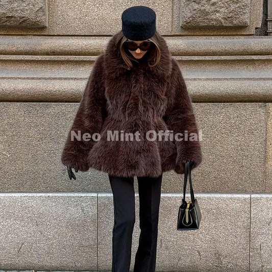 Trendy 2026 Winter Hot Chocolate Brown Peplum Fur Jacket Women Vintage Fashion Fluffy Faux Fox Fur Coat Long Outerwear
