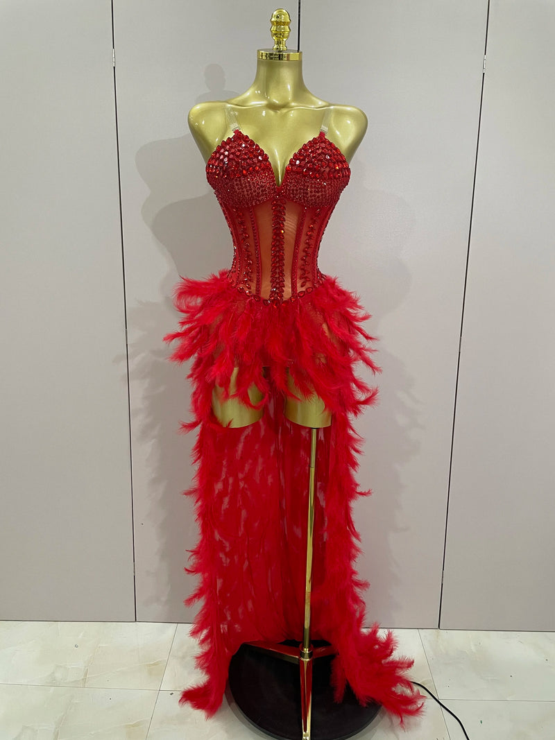 Luxury Sparkly Rhinestones Feathers Long Tail Dress Sexy Mesh Transparent Stage Bodysuit Evening Party Celebrate Birthday Dress