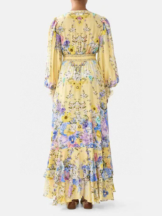 Yellow Floral Print Puff Sleeve Maxi Dress for Women Deep V Neck High Waist Asymmetrical Ruffle Hem Skirt for Garden Parties