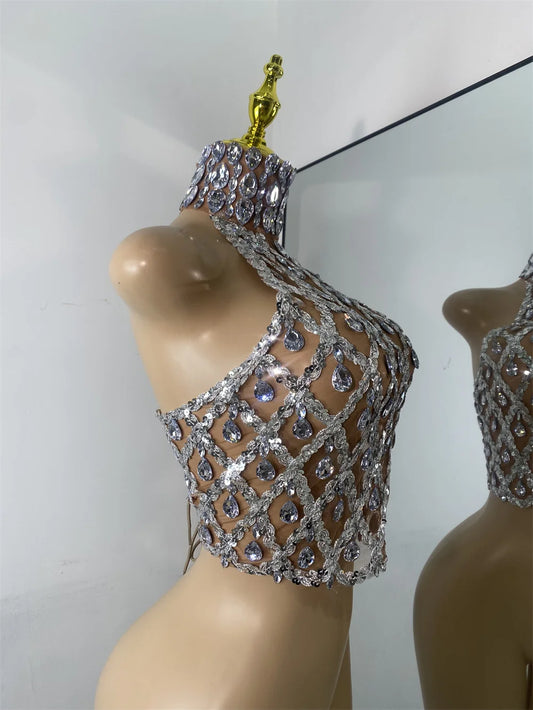 Sparkly Diamonds Mesh Sexy Transparent Tops Women Luxury Party Celebrate Bithday Stage Wear Nightclub Performance Costume