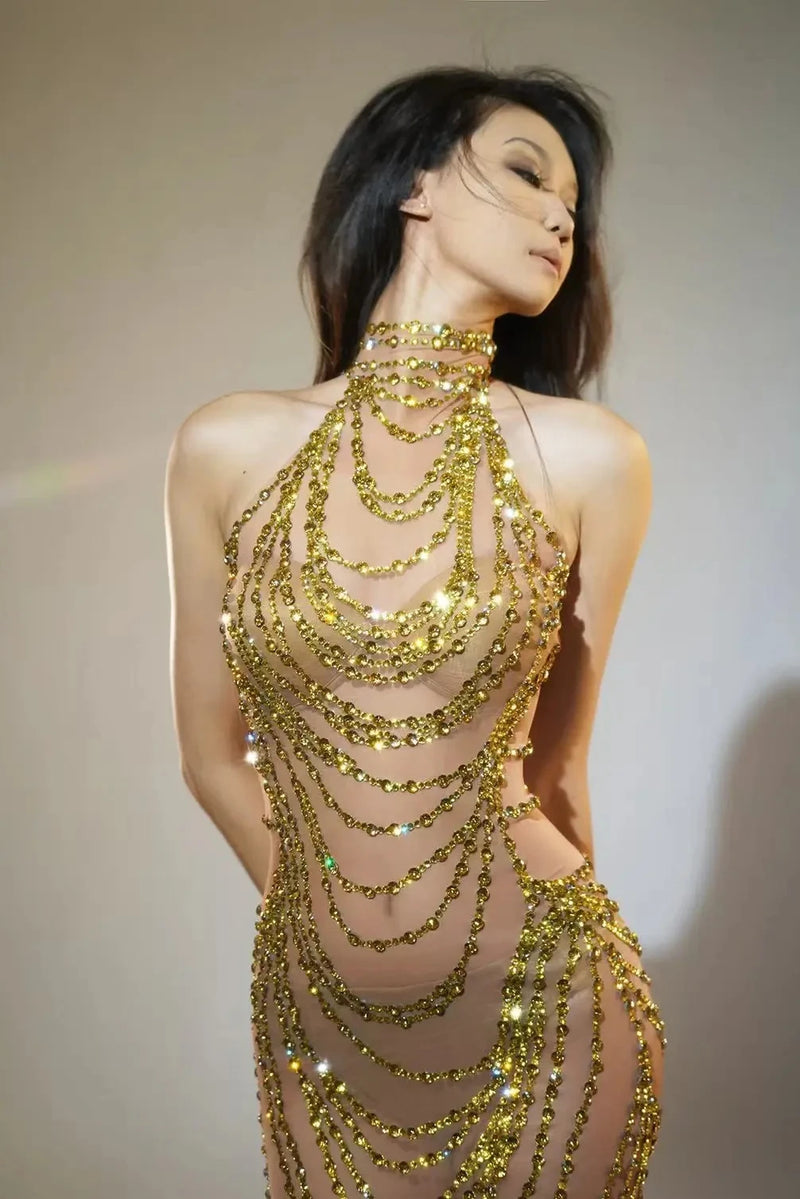 2026 Women Birthday Party Gown Stage Singer Performance Costume Luxury Sparkly Gold Rhinestone Sexy Transparent Mesh Long Dress