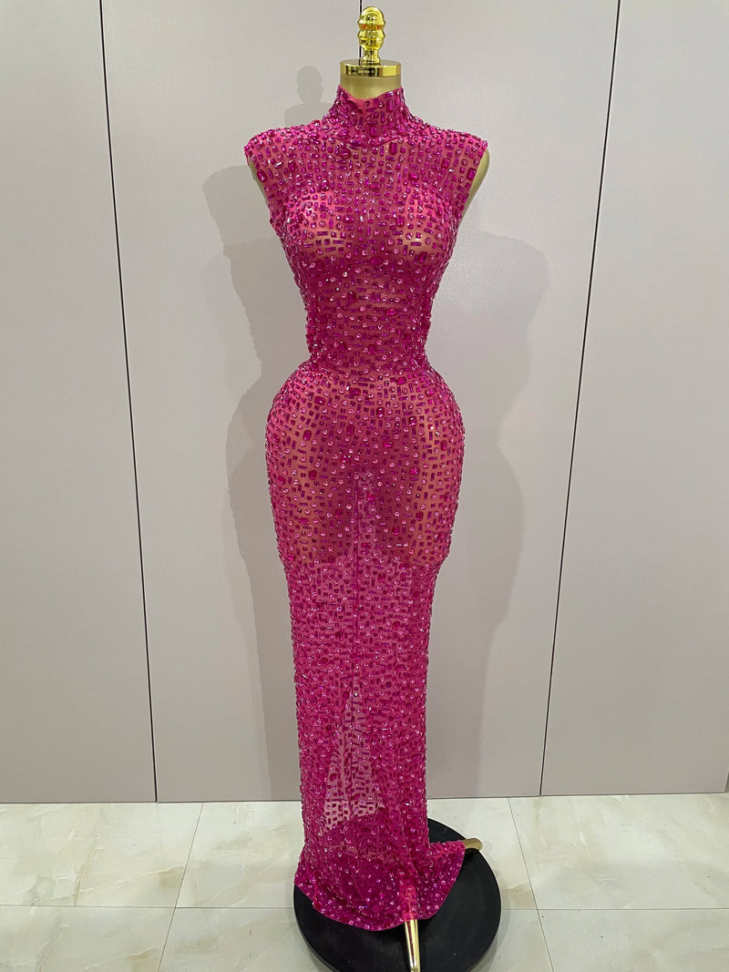 Luxury Sparkly Crystal Diamond Mesh See Through Maxi Long Dress Women Elegant Party Costume Singer Sexy Stage Performance Outfit