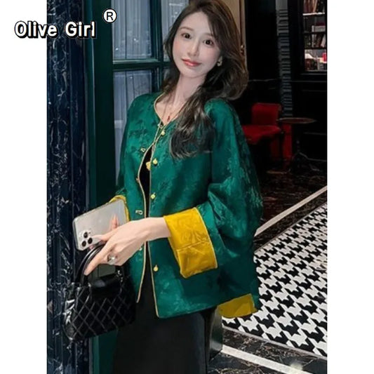Olive Girl Romantic Jacquard Set for Ren Faire 2026 Garden Wedding Fairycore Photoshoot Everyday Wear Jacquard S-XXL XS-3XL Plus Size Romantic Cottagecore Garden Party Editorial Not Costume Jacquard Set Chinese Set Chinese Heritage Fashion Women