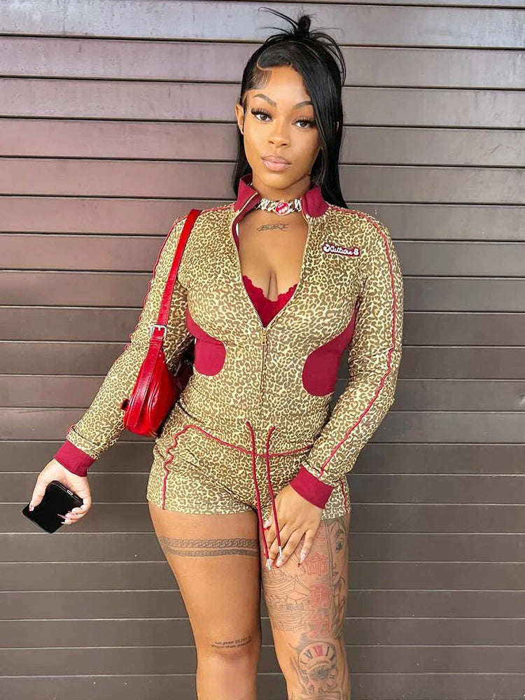 Casual Women 2 Piece Set Tracksuit Leopard Print Patchwork Zip Crop Jacket+Shorts Sporty Stretch Streetwear Outfits