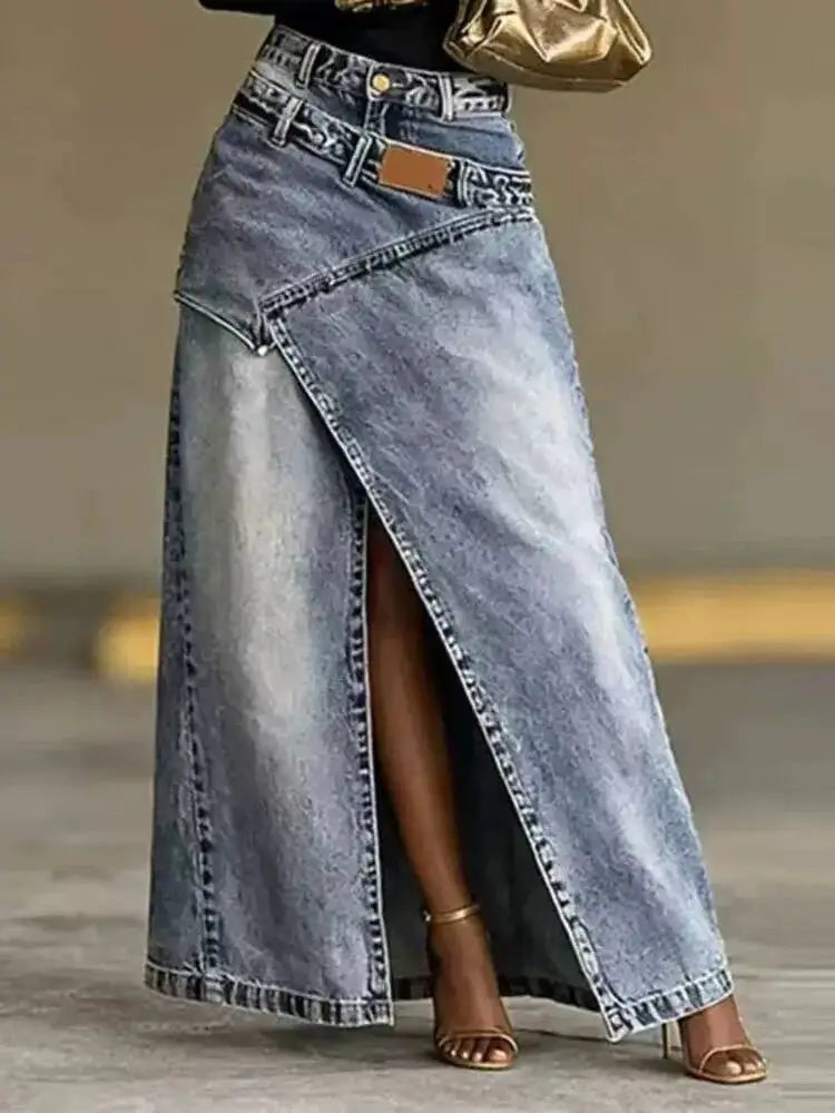 Women Baggy Denim Skirt High Waist Irregular Slit A Line Maxi Casual Fashion Personality Summer 05E03085