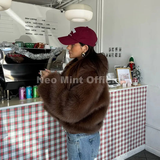 Winter 2026 Trendy Brown Obsession Cropped Shawl Collar Faux Fur Coat Women Jacket Chic Girls Brand Fox Fur Outerwear