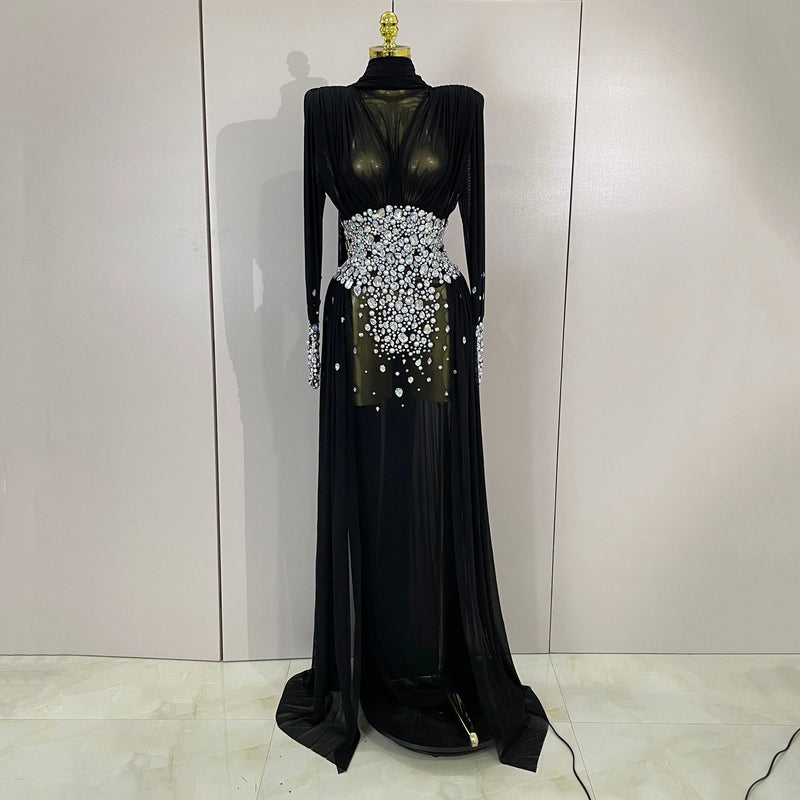 Luxury Elegant Birthday Party Prom Sparkly Diamonds Long Sleeves Mesh See-Through Maxi Abaya Women Evening Wedding Guest Gowns