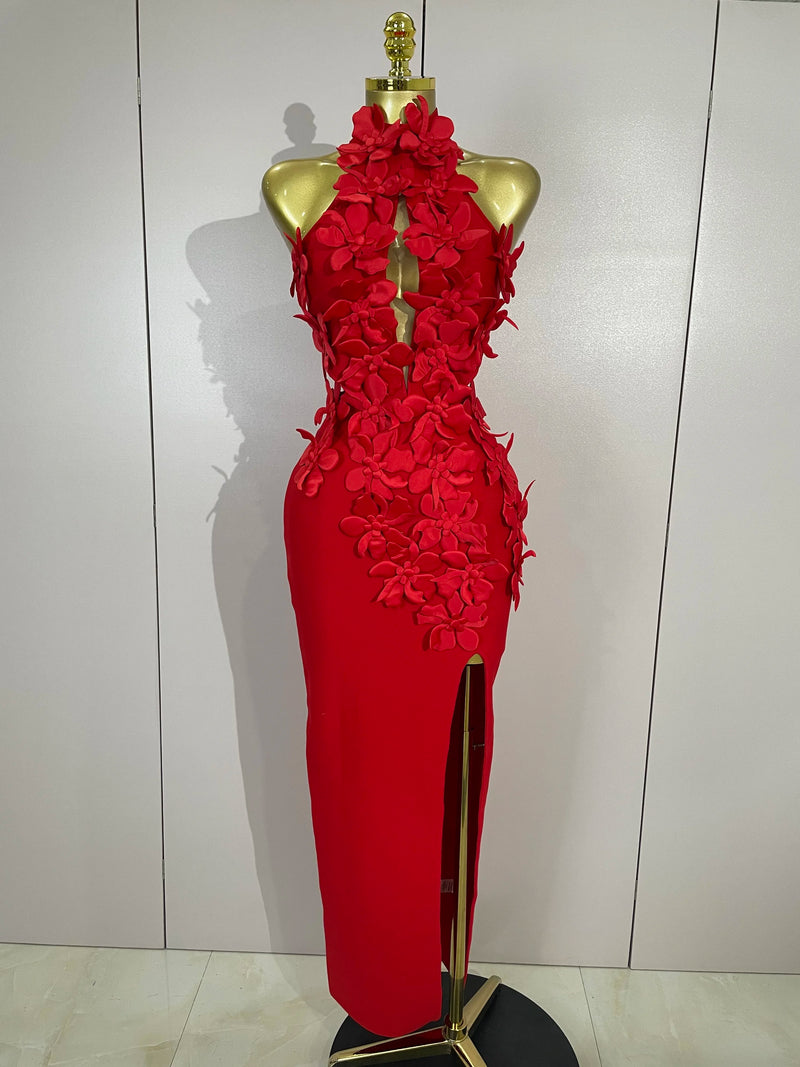 Sexy Hollow Out Sleeveless 3D Flower Red Bodycon Long Bandage Dress Women Evening Party Birthday Elegant Wedding Guest Clothing