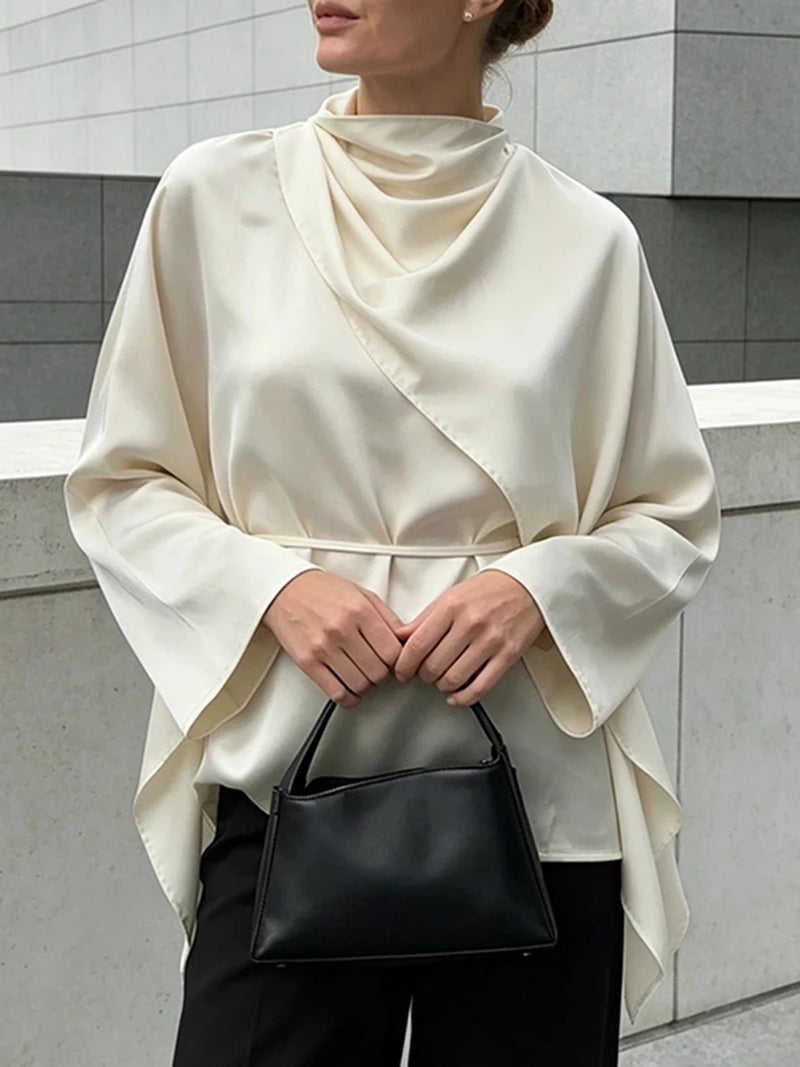 Elegant folds Women Shirts stand collar long Sleeve loose shirt for Office Business Banquet Wear Fashion autumn new
