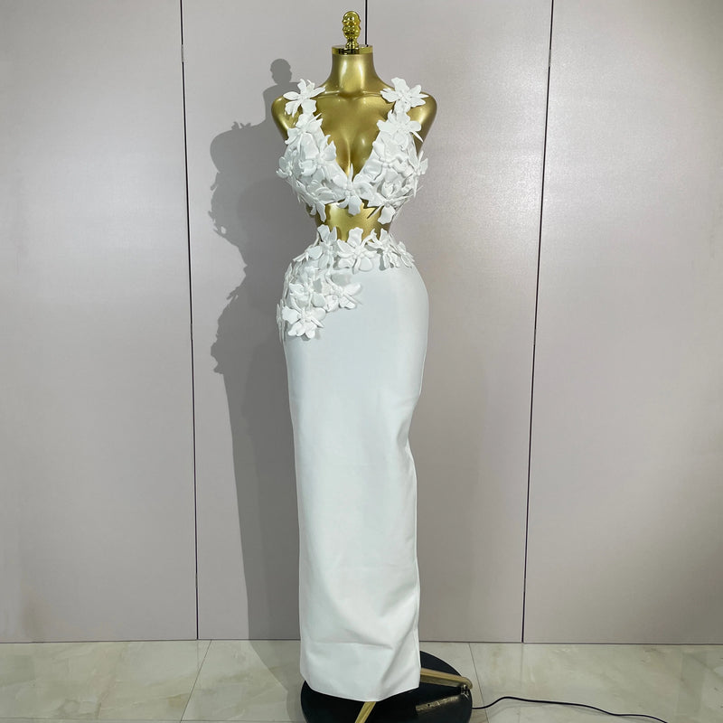 Sexy White Two Pieces Set Flowers V-Neck Tops Bodycon Long Dress Women Eveing Party Prom Gown Nightclub Celebrate Birthday Dress