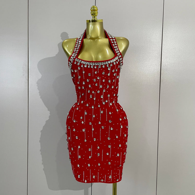 Shiny Diamond Sexy Backless Halter Mini Bandage Dress Women Elegant Top Quality Birthday Dress Evening Cocktail Club Party Wear