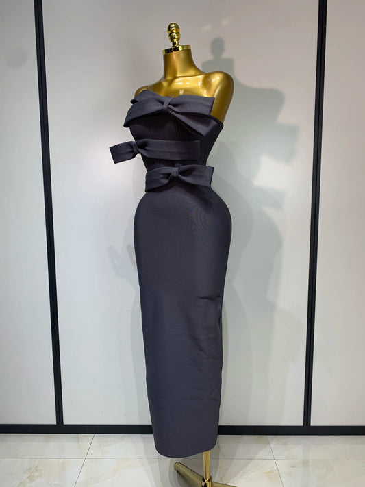 Women Sexy Strapless Gray Bow Bodycon Bandage Dresses Celebrity Elegant Knitted Evening Club Party Luxury Birthday Dress