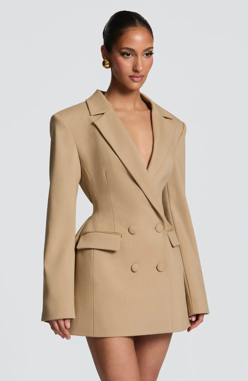 Women Shiny Khaki Blazer Mini Dress V Neck Double Breasted Long Sleeve Slim Waist Formal Cocktail Prom 2026 New Chic Hot Gowns