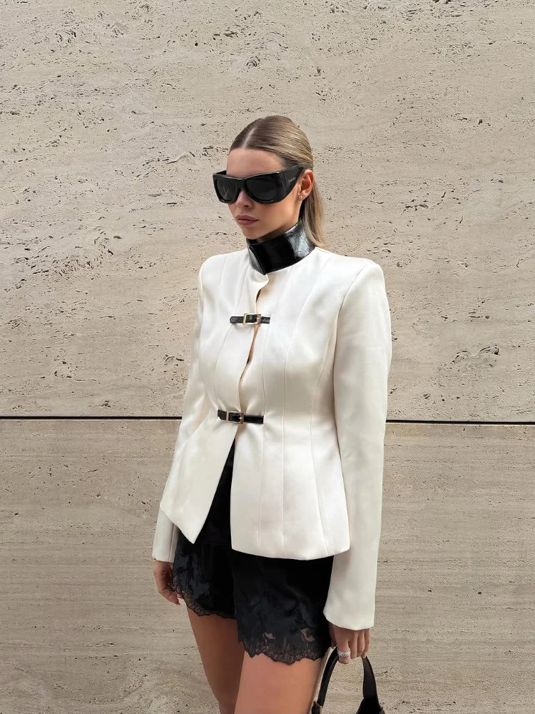 White Contrast Faux Leather Collar Blazer Women Buckle Belt Waist Slim Fit Long Sleeve Stand Neck Ins Party Fashion Outerwear