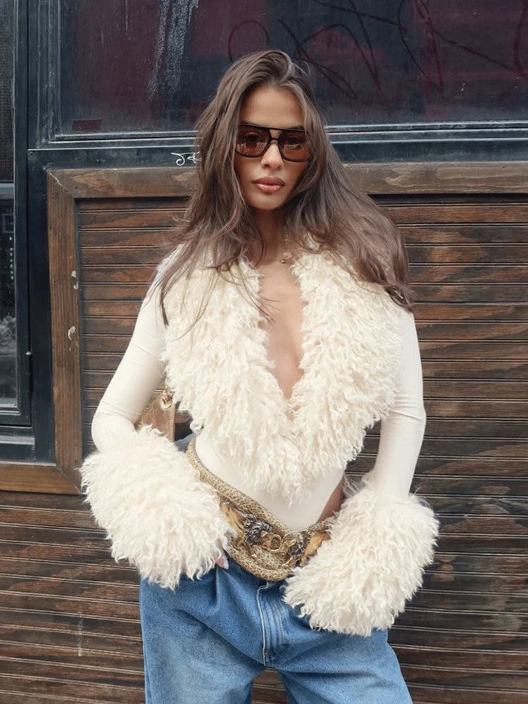 Patchwork Plush Bodysuits Women Deep V-Neck Sexy Autumn Winner Style Skinny Fashion Elasticity Midnight Streetwear