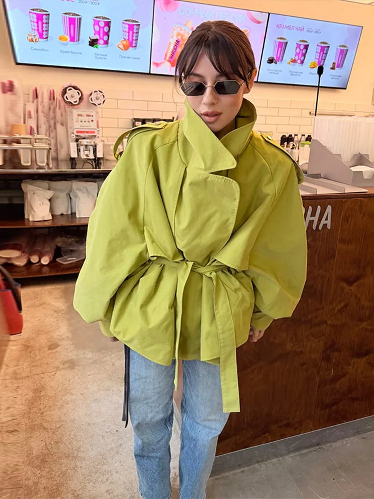 Women Short Trench Coat Lapel Collar Belt Waist Cinched Oversized Long Sleeve Windbreaker Jacket Shoulder Epaulets Spring Autumn