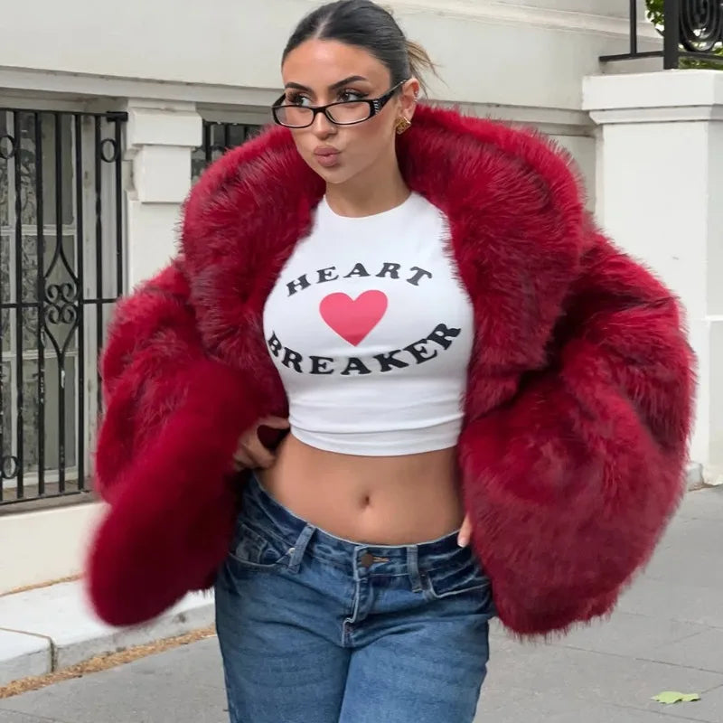 Women Fur Coat Women 2025 Plush Red Bomber Jacket Solid Crop Long Sleeve Jacket Warm Winter Coats Female Casual Coats