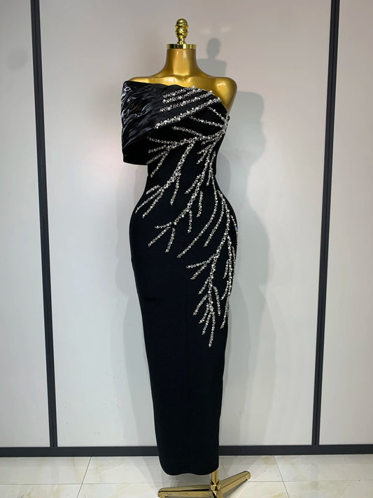 Black One Shoulder Elasticity tight Bandage Long Dress Luxury Rhinestones Beading Celebrity Cocktail Party Elegant Dress
