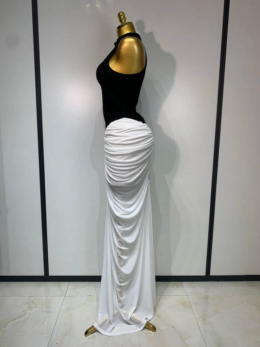 Patchwork Sleeveless Maxi Long Dress Women Fashion Contrast Color Ruched Bodycon Fancy Club Evening Party Birthday Long Dresses