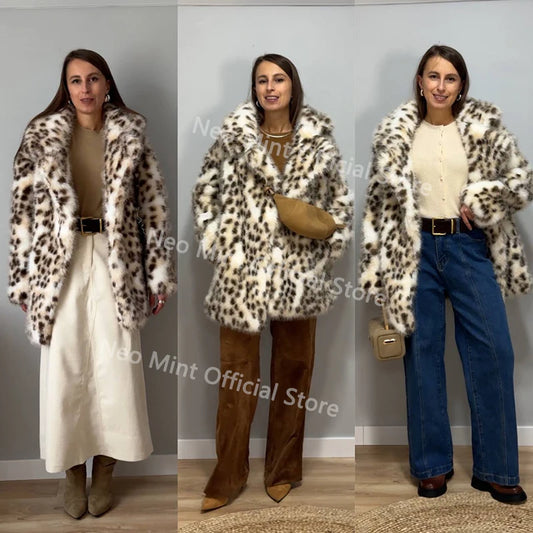 Exclusive Long Brown Leopard Fox Fur Coat Women Winter 2026 New Luxury Hot Brand Fashion Girls Faux Fur Jacket Overcoat