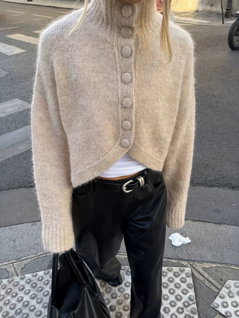 Minimalist Buttons Women Sweaters Turtleneck Long Sleeve Asymmetric Fit Sweater for Street Walk Meetup Wear Fashion
