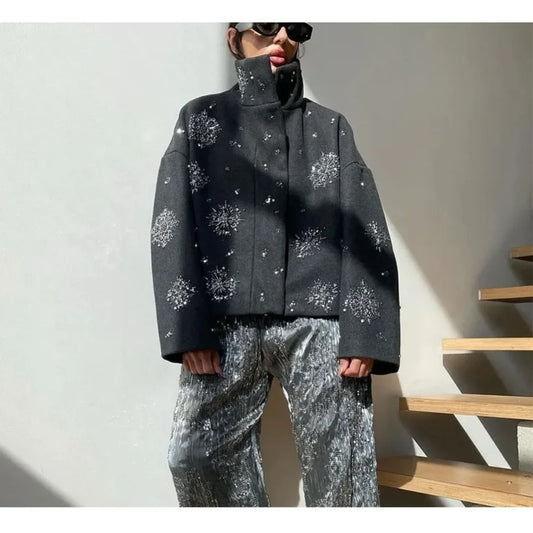 Solid Spliced Diamonds Loose Jackets for Women Stand Neck Long Sleeve Patchwork Pockets Coat Female New
