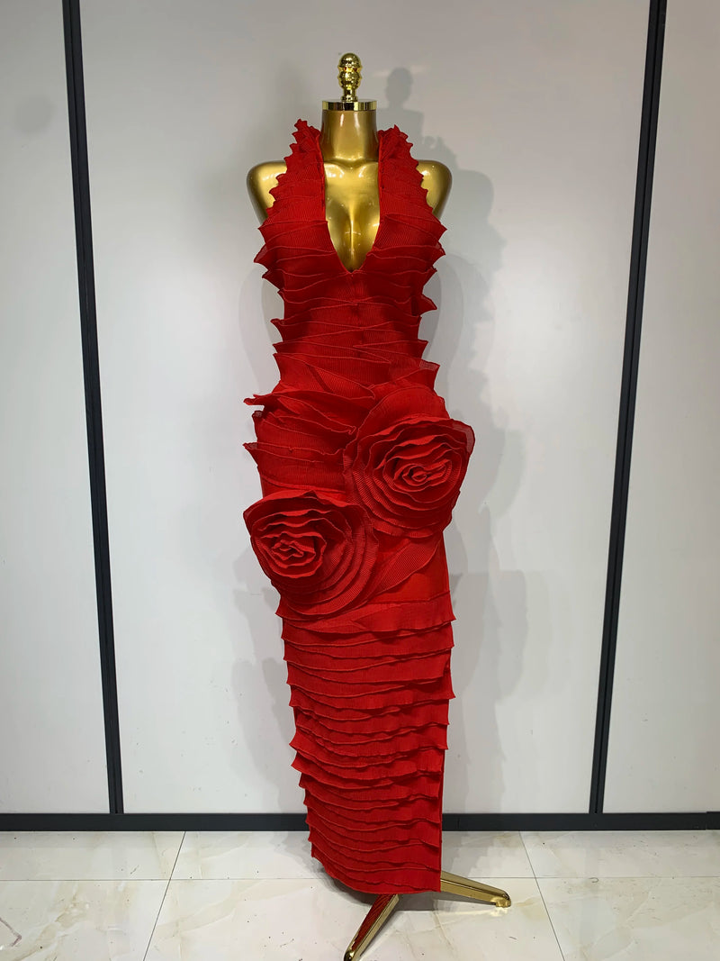 Women Sexy Backless Red Ruffled Flower Maxi Long Bodycon Bandage Dress Celebrity Elegant Evening Party Nightclub Birthday Dress