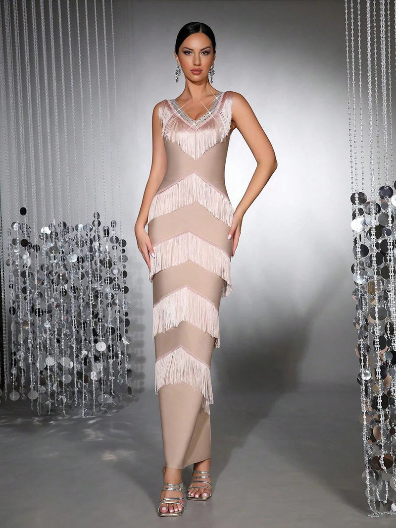 2026 Sexy Women's Heavy Industry Tassel Biamond Bandage Dress Sleeveless Slim Long Dress Cocktail Evening Party Vestidos