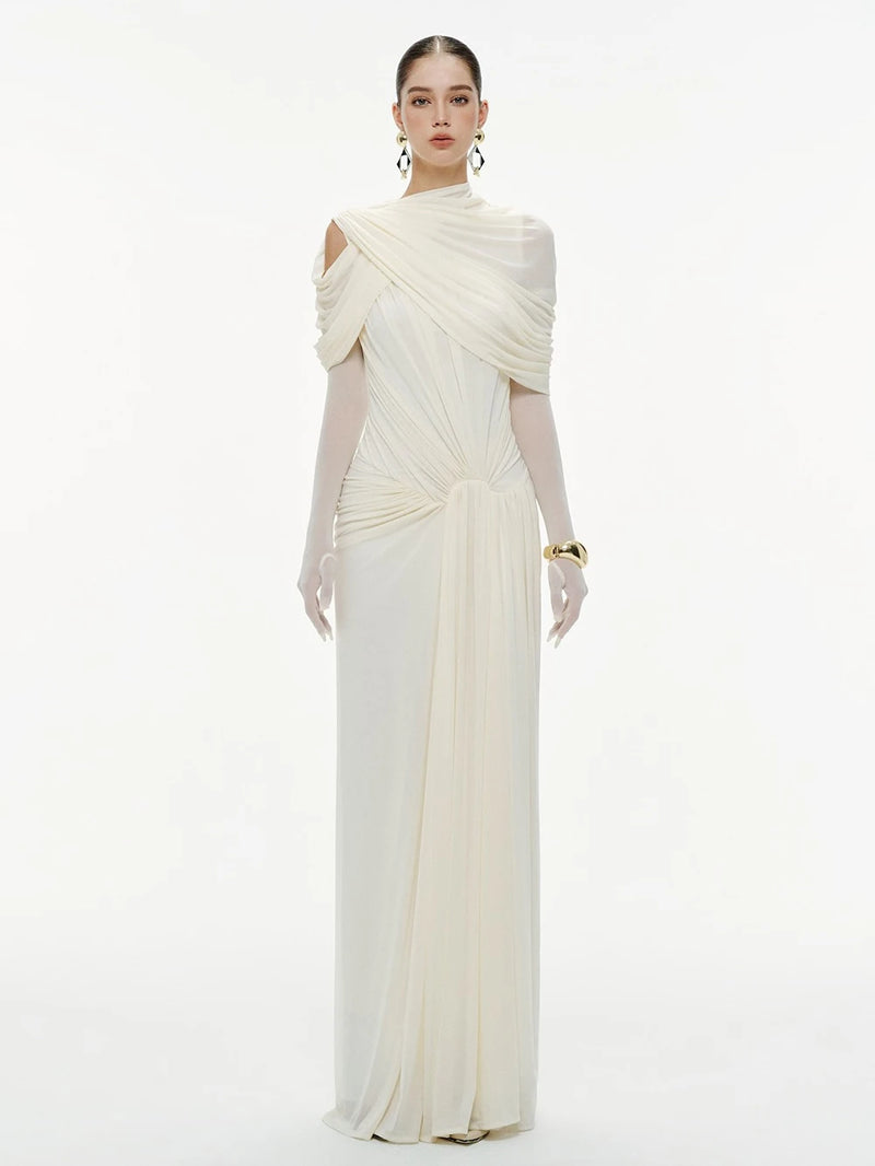 Apricot Spliced Mesh Folds Shawl Design Long Dresses For Women Sleeveless High Waist Temperament Maxi Dress Female 2026