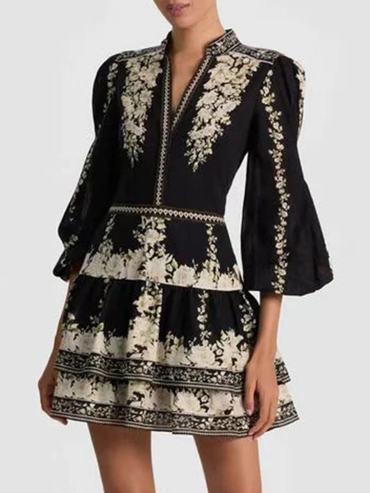 Vintage Indie Folk Style Print Dress for Women V Neck Three Quater Sleeves Patchwork Hollow Out Tiered Dresses Female New