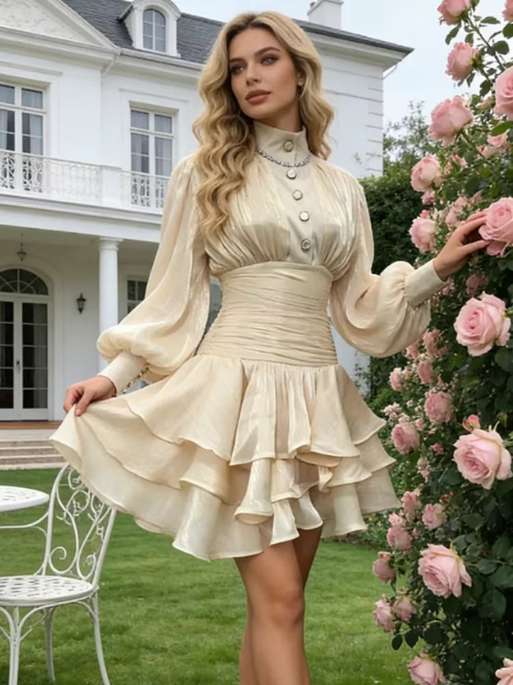 Cream Victorian-inspired Short Dress Women Chic Puff Sleeve Ruched Tiered Waist Cinching Party Dresses 2026 Lady Trendy Vestidos