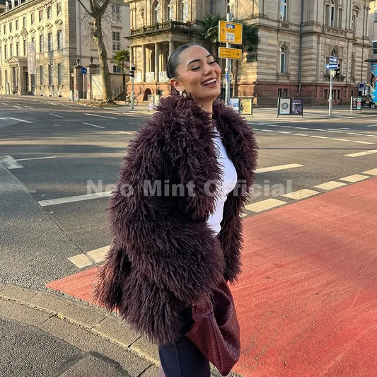 Winter 2026 Trend Burgundy Obsession Long Faux Mongolia Sheep Fur Jacket Coat Women Chic Lapel Collar Fluffy Overcoat